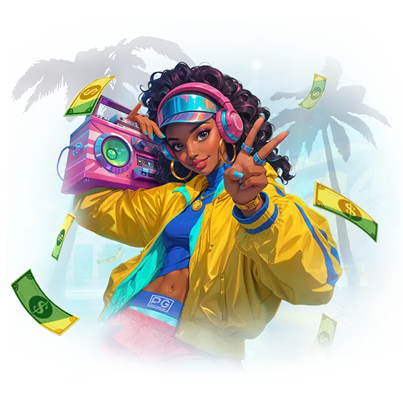 Funky Fortunez DJ character surrounded by floating prize notes