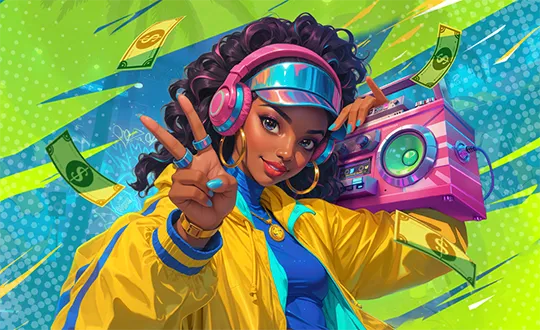 Funky Fortunez lead DJ holding a pink boombox against lime and turquoise graphics