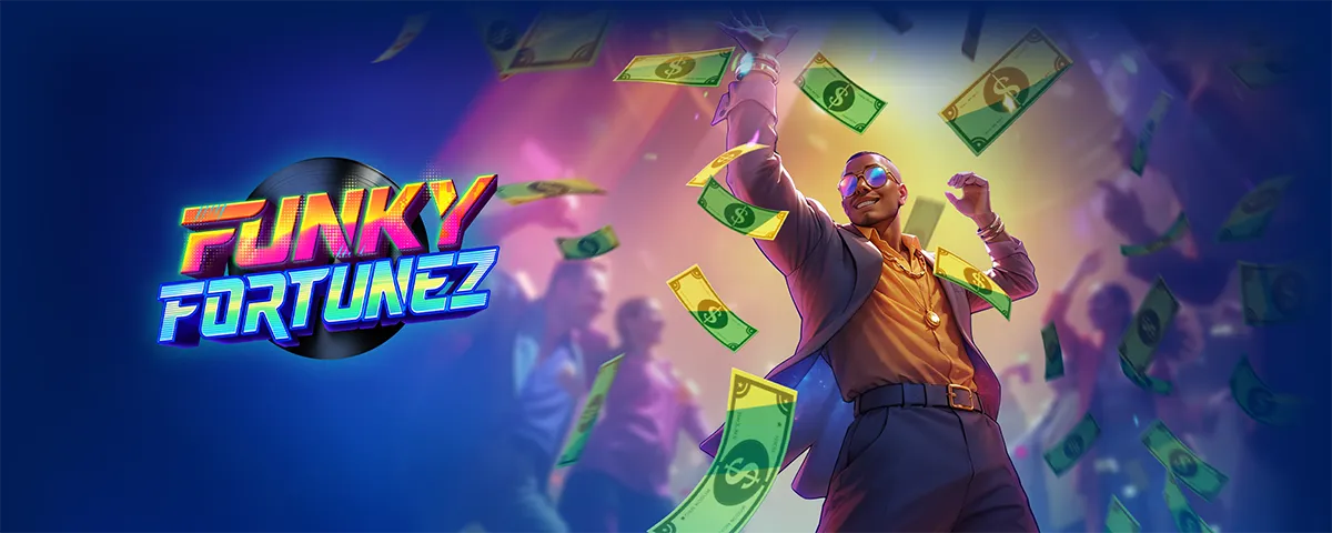 Funky Fortunez logo beside a rapper on a neon club stage