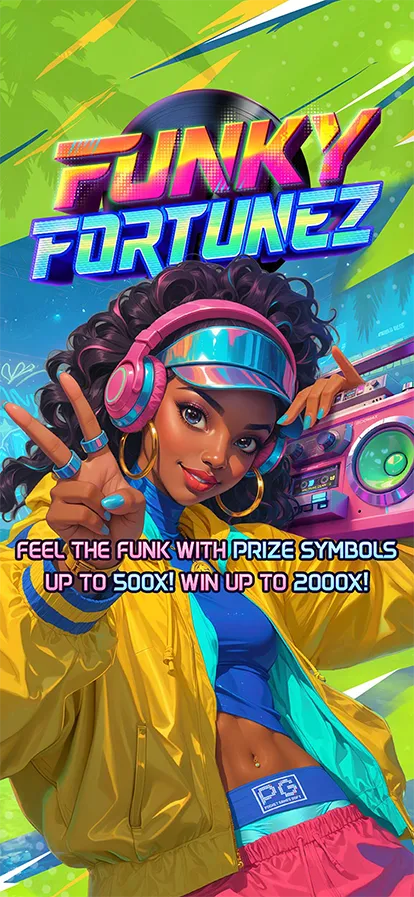 Funky Fortunez portrait artwork highlighting 500x prizes and x2000 maximum